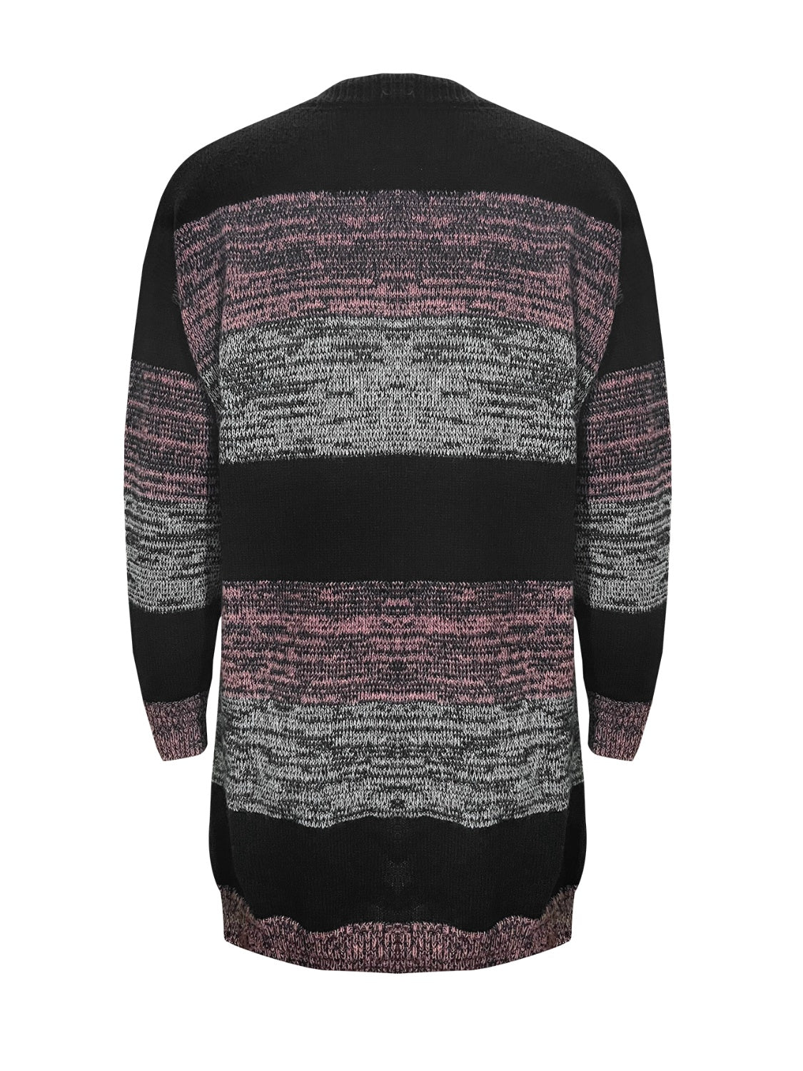 Colorblock knit cardigan with horizontal stripes in black, pink, and grey.