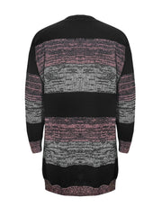 Colorblock knit cardigan with horizontal stripes in black, pink, and grey.
