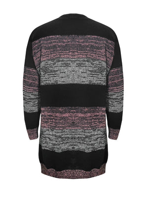 Colorblock knit cardigan with horizontal stripes in black, pink, and grey.