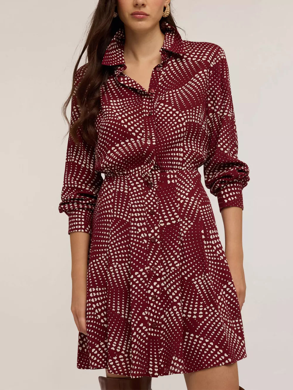 Burgundy heart dot print mini shirt dress with button front and tie waist.