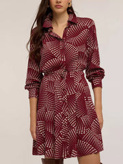 Burgundy heart dot print mini shirt dress with button front and tie waist.