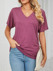 Burgundy relaxed V-neck t-shirt with short sleeves and a draped fit.