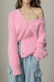 Fluffy angora V-neck cardigan in Blush Pink with button closure.