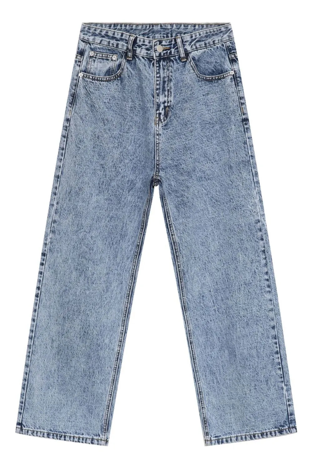 Acid wash wide-leg jeans in medium blue denim with a relaxed fit.