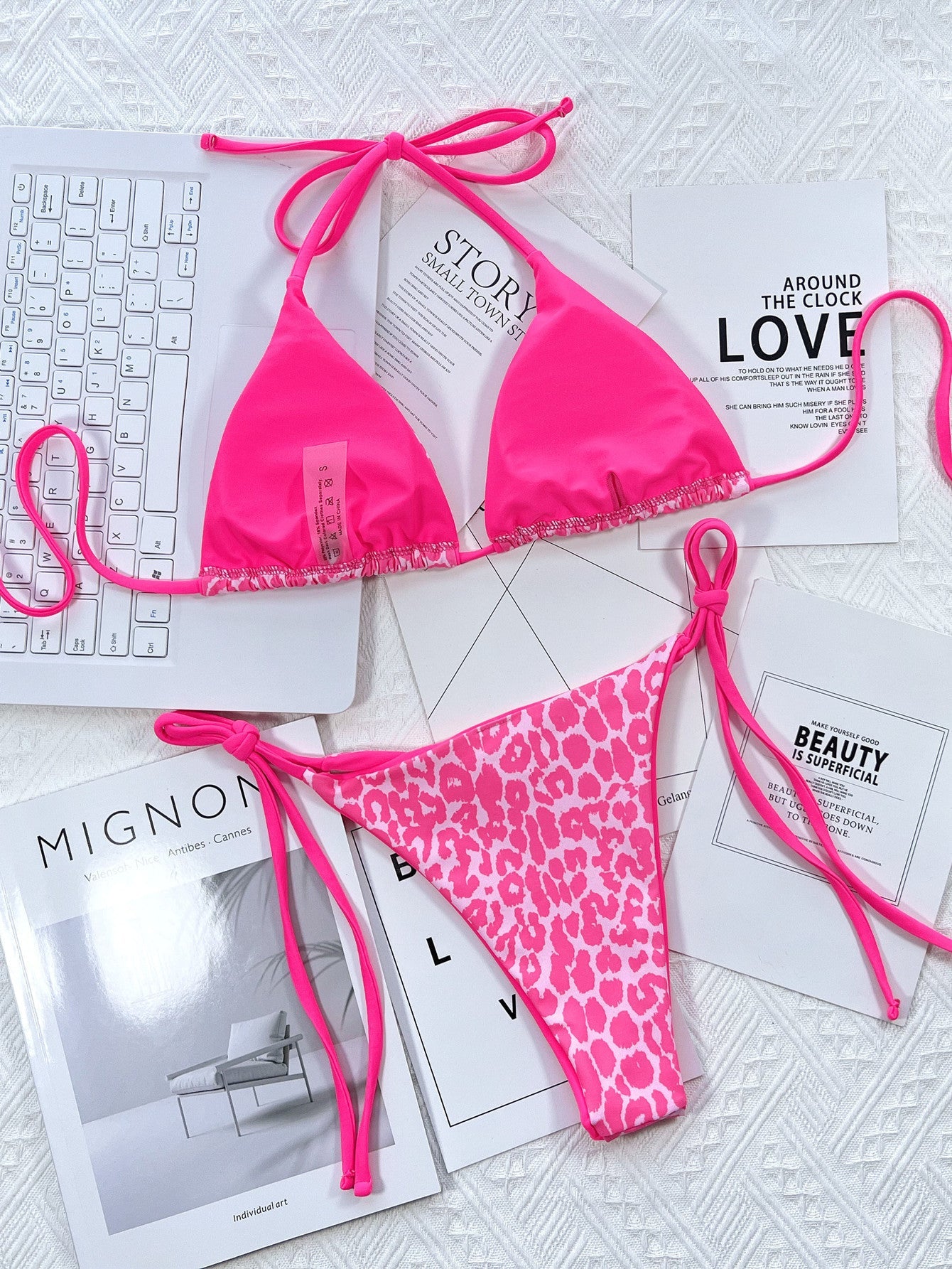 Hot Pink Leopard Print Tie-Side Bikini Set with triangle cups and adjustable ties.