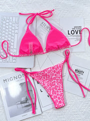 Hot Pink Leopard Print Tie-Side Bikini Set with triangle cups and adjustable ties.