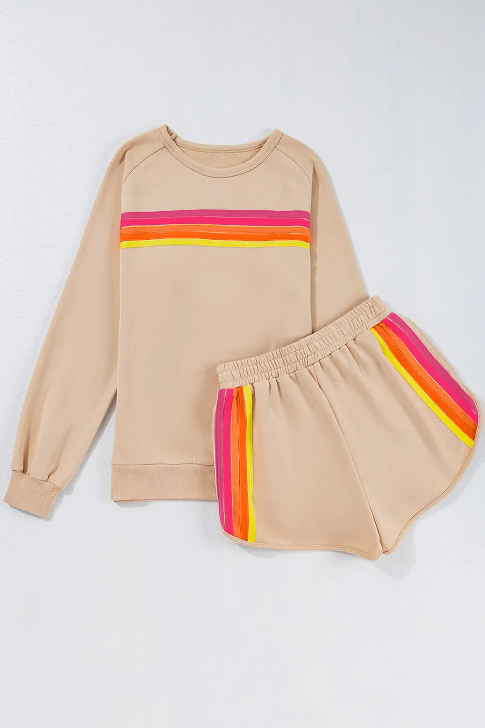 Tan loungewear set with retro stripe detail on sweatshirt and shorts