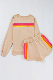 Tan loungewear set with retro stripe detail on sweatshirt and shorts