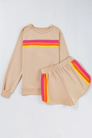 Tan loungewear set with retro stripe detail on sweatshirt and shorts