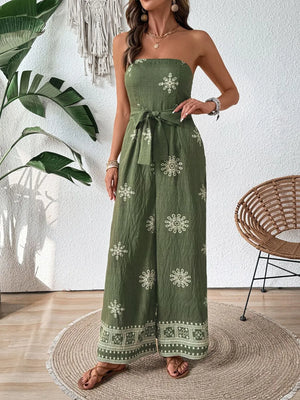 Matcha green bandeau jumpsuit with embroidered details and wide legs.