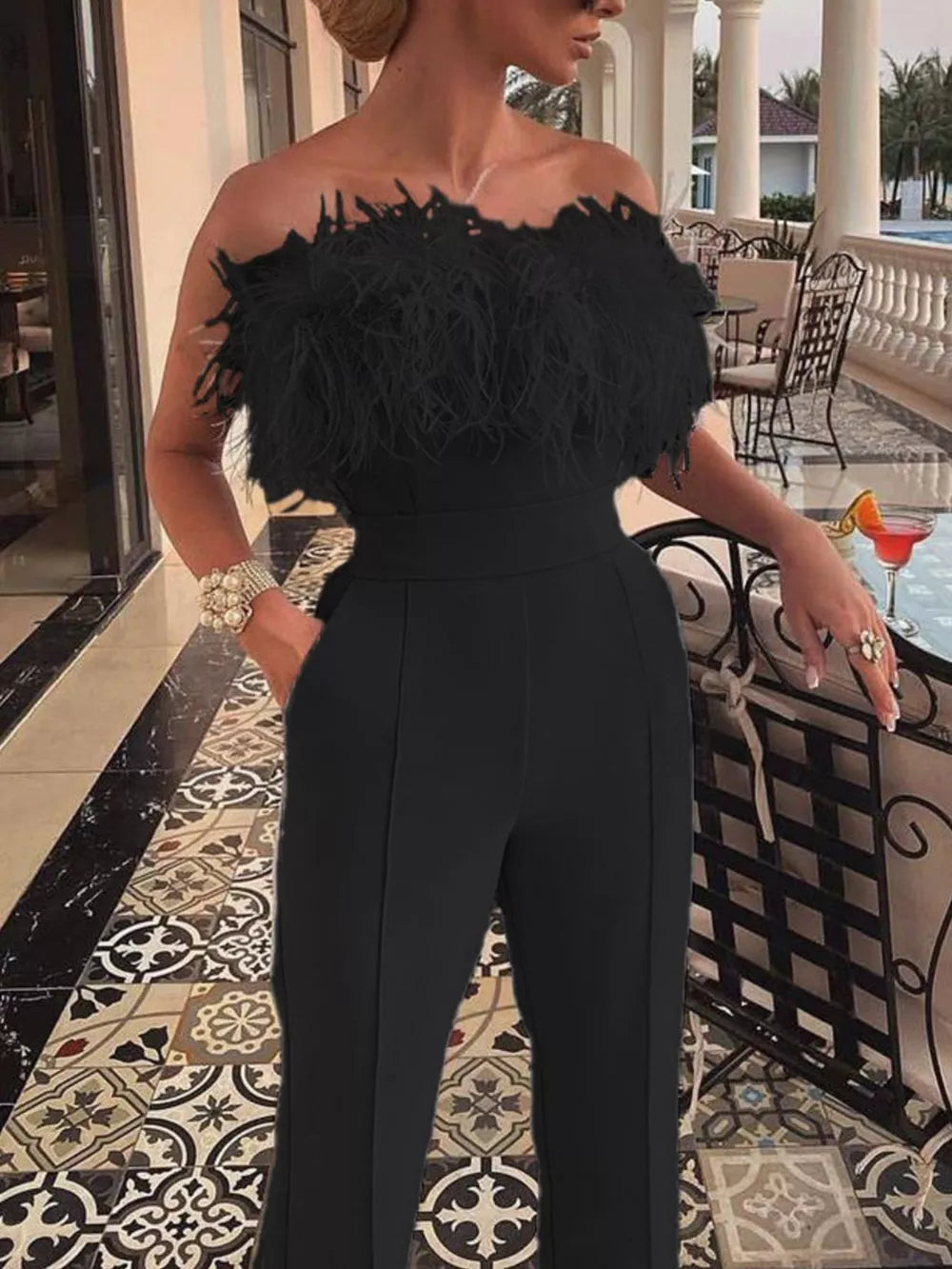 Feather-trimmed Strapless Elegant Jumpsuit