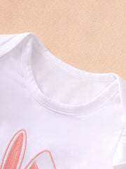 White cotton baby bodysuit with pink embroidered bunny ears and ruffled trim.