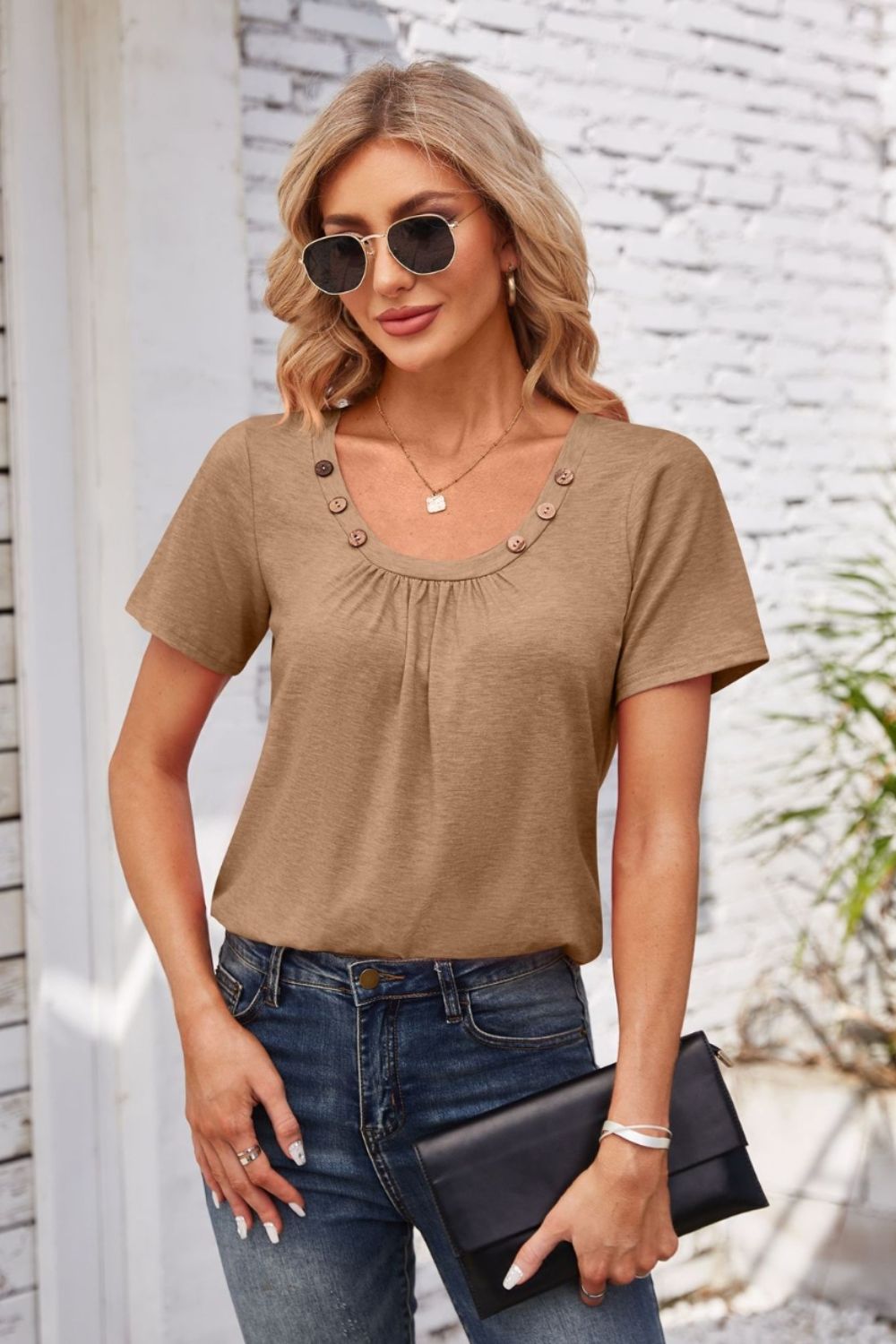 Mocha short sleeve top with button trim neckline and gathered yoke detail