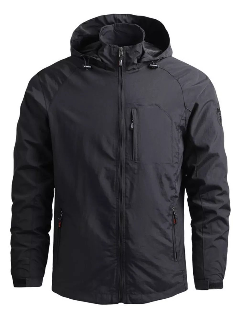 Men's black hooded zip jacket with adjustable drawstring and zippered pockets.