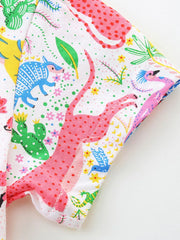 Baby dress with colorful animal and plant print, short sleeves, cotton blend fabric.