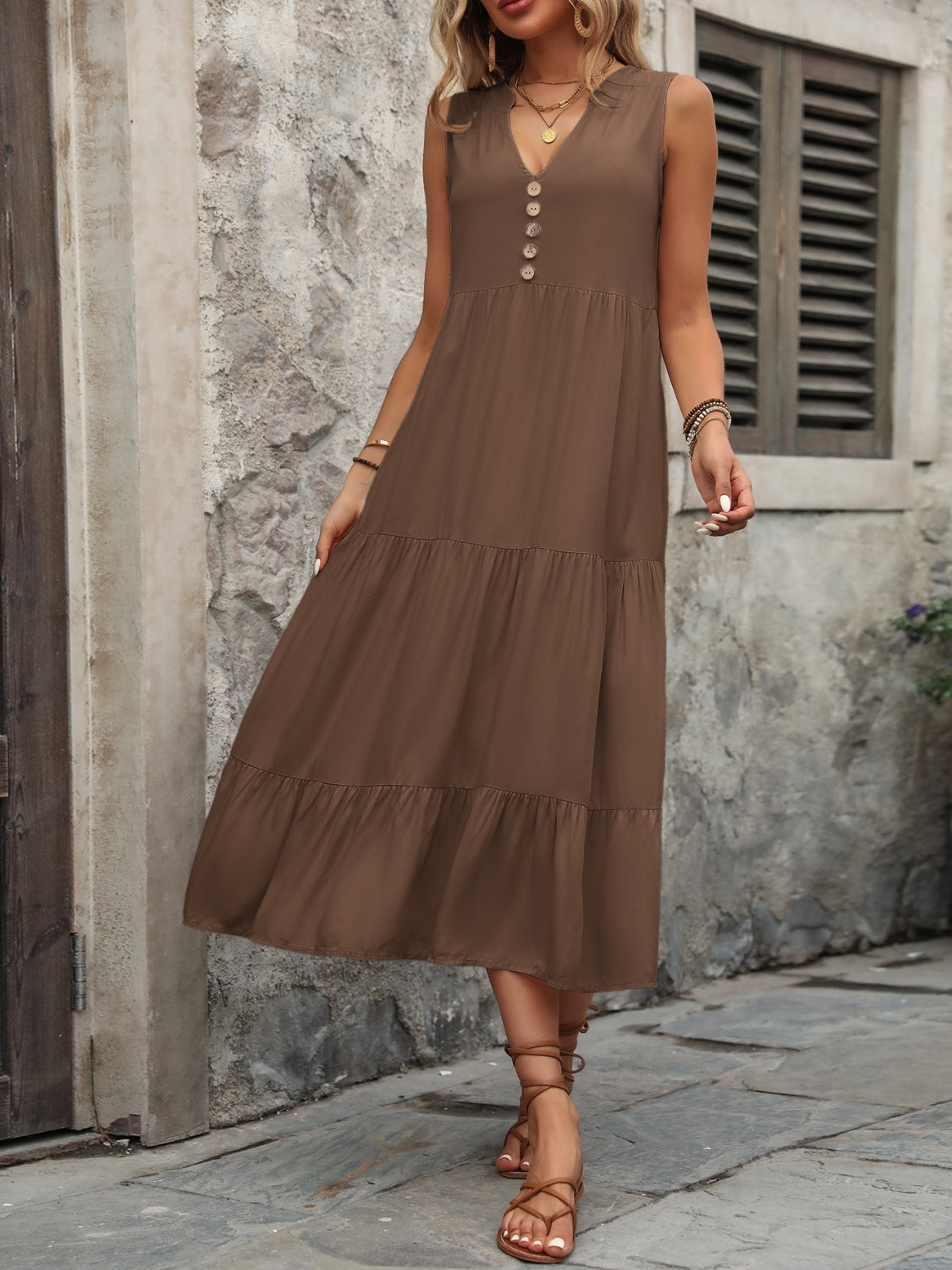 Brown tiered midi sundress with button detail and V-neck
