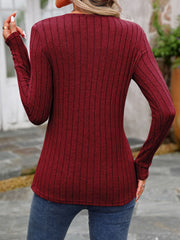 Burgundy ribbed knit top with vertical stripes and round neck