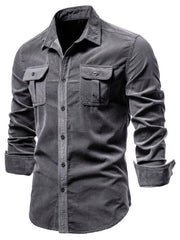 Dark Gray corduroy utility shirt with patch pockets and button-down front.