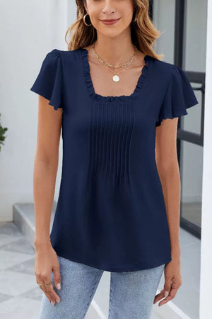 Flutter Frill Square Neck Blouse in Dark Navy with ruffled neckline and pintuck detail.