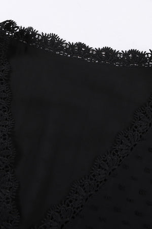 Black textured dot blouse with lace trim neckline detail