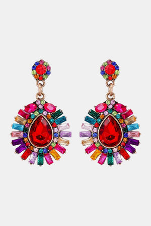 Radiant Gemstone Burst Dangle Earrings with multicolor and red teardrop gem.