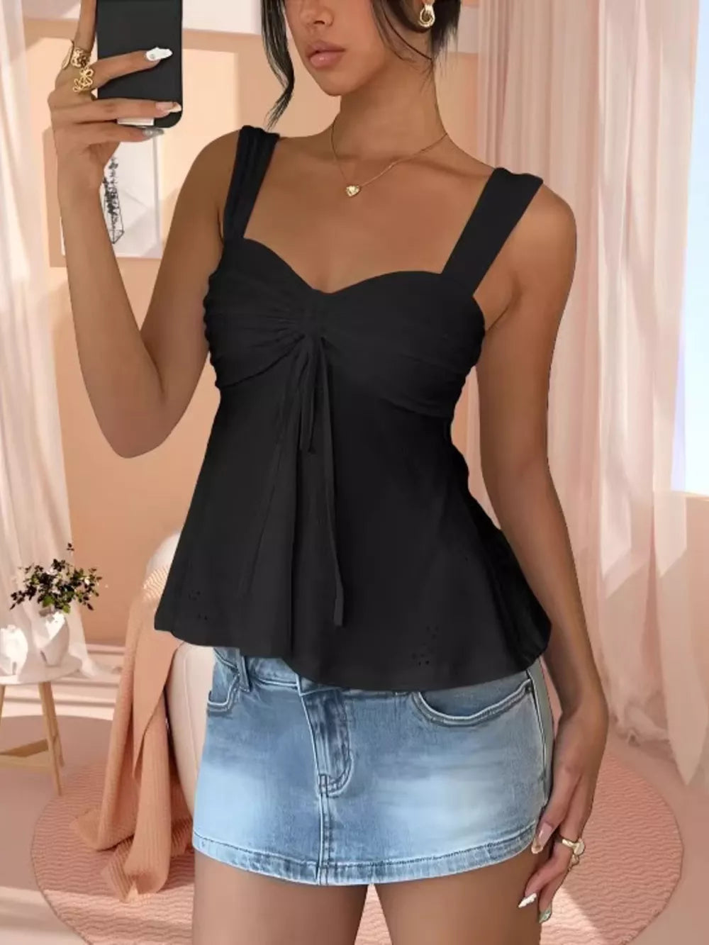Black eyelet cami with sweetheart neckline and drawstring detail