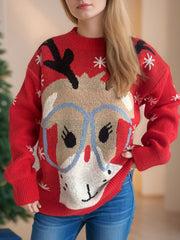 Red acrylic knit sweater with reindeer graphic and snowflakes, crew neck, long sleeves.