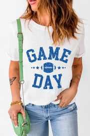 White t-shirt with blue "GAME DAY" graphic and football icon.