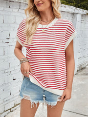 Textured stripe knit top in scarlet and white with cap sleeves and crew neck.