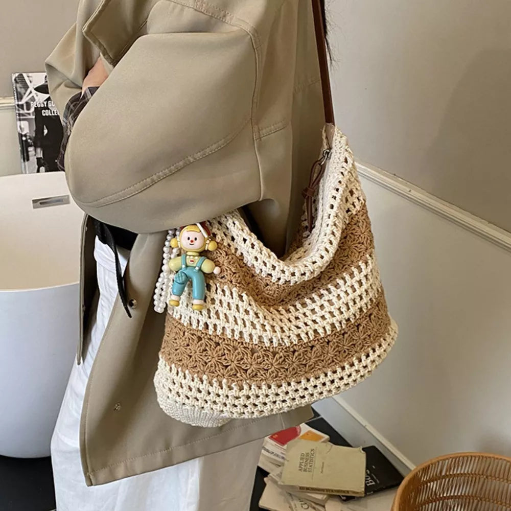 Crochet Knit Shoulder Bag in Tan, side view