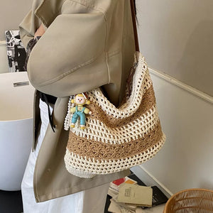 Crochet Knit Shoulder Bag in Tan, side view