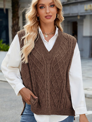 Brown cable knit v-neck sweater vest with diamond pattern, acrylic.