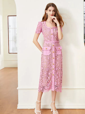 Pink lace midi dress with square neck, short sleeves, button front, belt, and patch pockets.