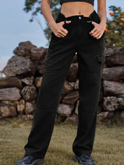 Black denim cargo pants with elastic waist and utility pockets.