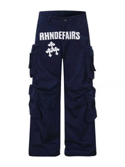 Navy blue cargo pants with white graphic text and emblem, featuring multiple pockets.
