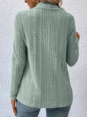 Sage ribbed waterfall cardigan jacket with long sleeves and a mock neck.