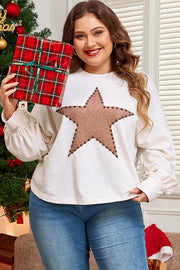 White sweatshirt with studded star detail and balloon sleeves.