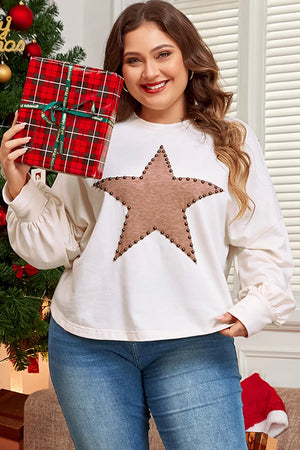 White sweatshirt with studded star detail and balloon sleeves.