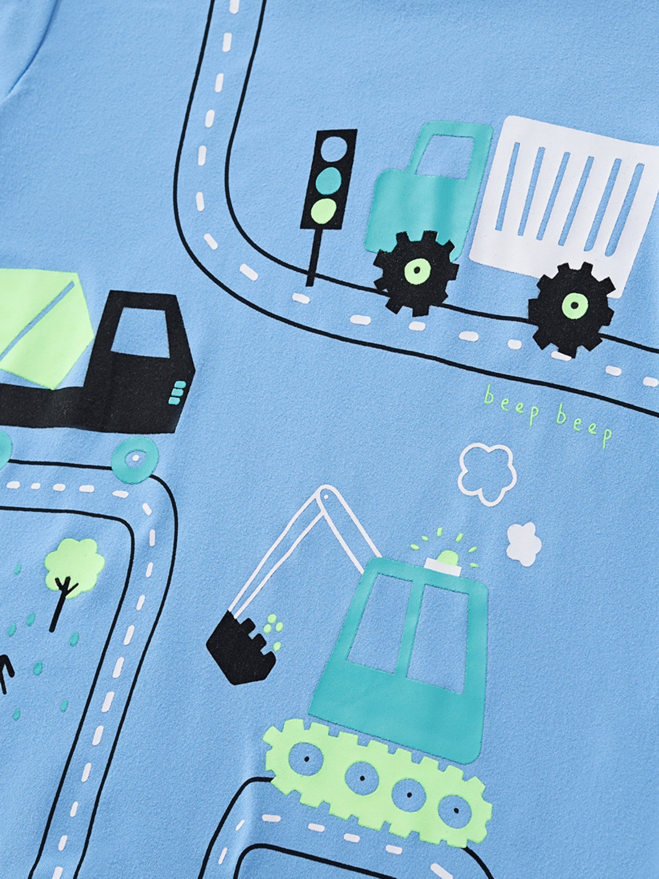 Blue toddler t-shirt with construction vehicles, traffic light, and "beep beep" text print.
