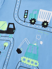 Blue toddler t-shirt with construction vehicles, traffic light, and "beep beep" text print.