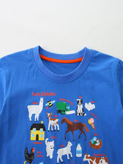 Blue t-shirt with playful farm alphabet graphic featuring animals and farm equipment.