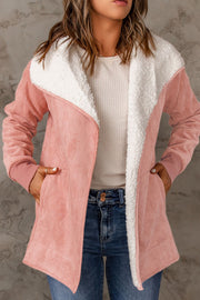Blush pink suede-effect jacket with sherpa collar and lining, open front, and pockets.