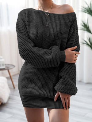 Black off-shoulder ribbed knit mini dress with long sleeves.