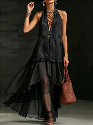 Black halter maxi gown with ruffled hem and sheer tiered skirt