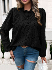 Black eyelet embroidered blouse with ruffle collar and button front.