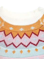 Geometric knit sweater in white with colorful chevron and diamond patterns.