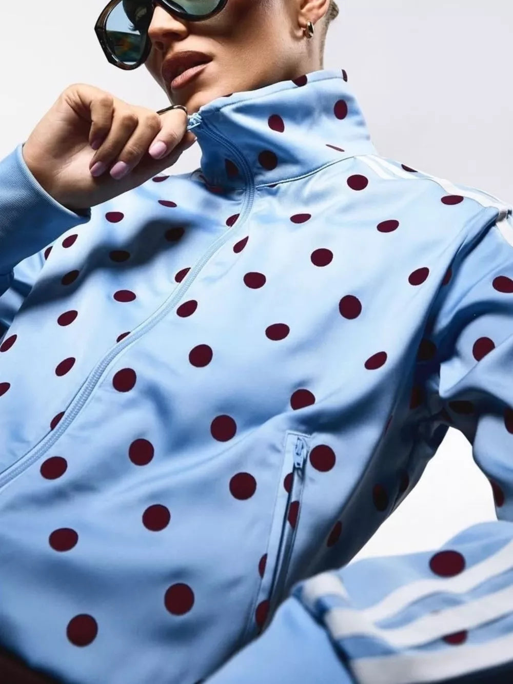Polka Dot Zip Up Outerwear And Pants Set in Black, product detail