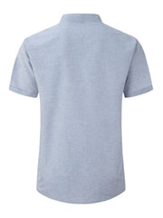 Light blue linen blend henley shirt with mandarin collar and short sleeves