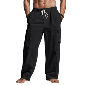 Black relaxed-fit cargo pants with drawstring and multiple pockets.