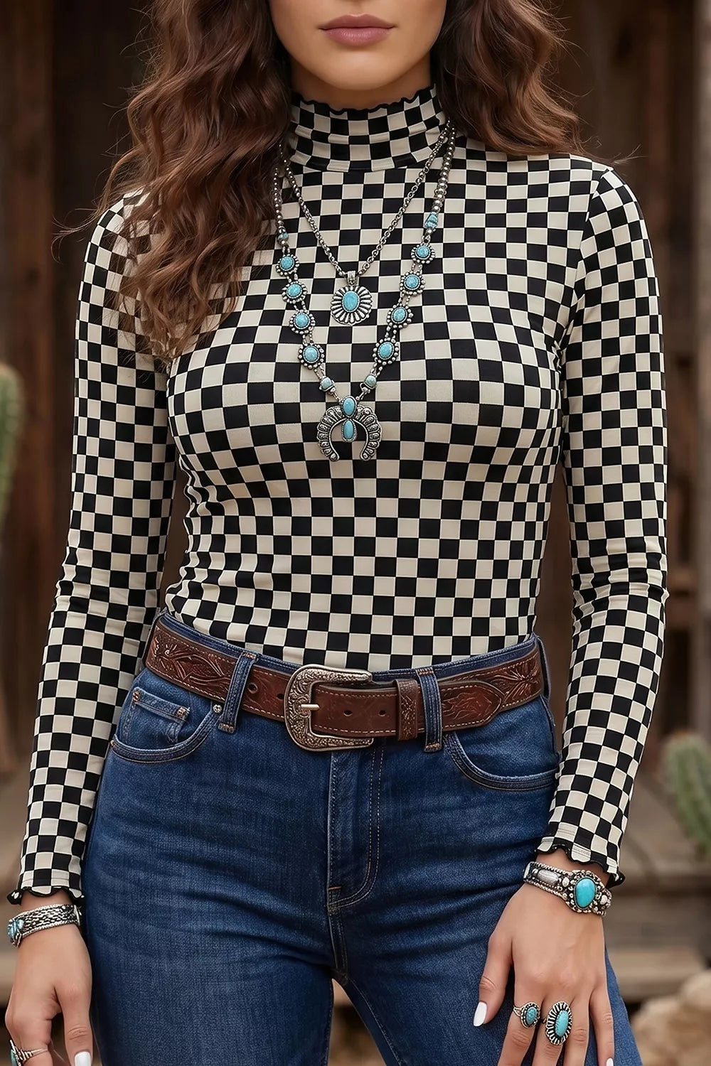 Plaid Stand Neck Long Sleeve Mesh Top, back view